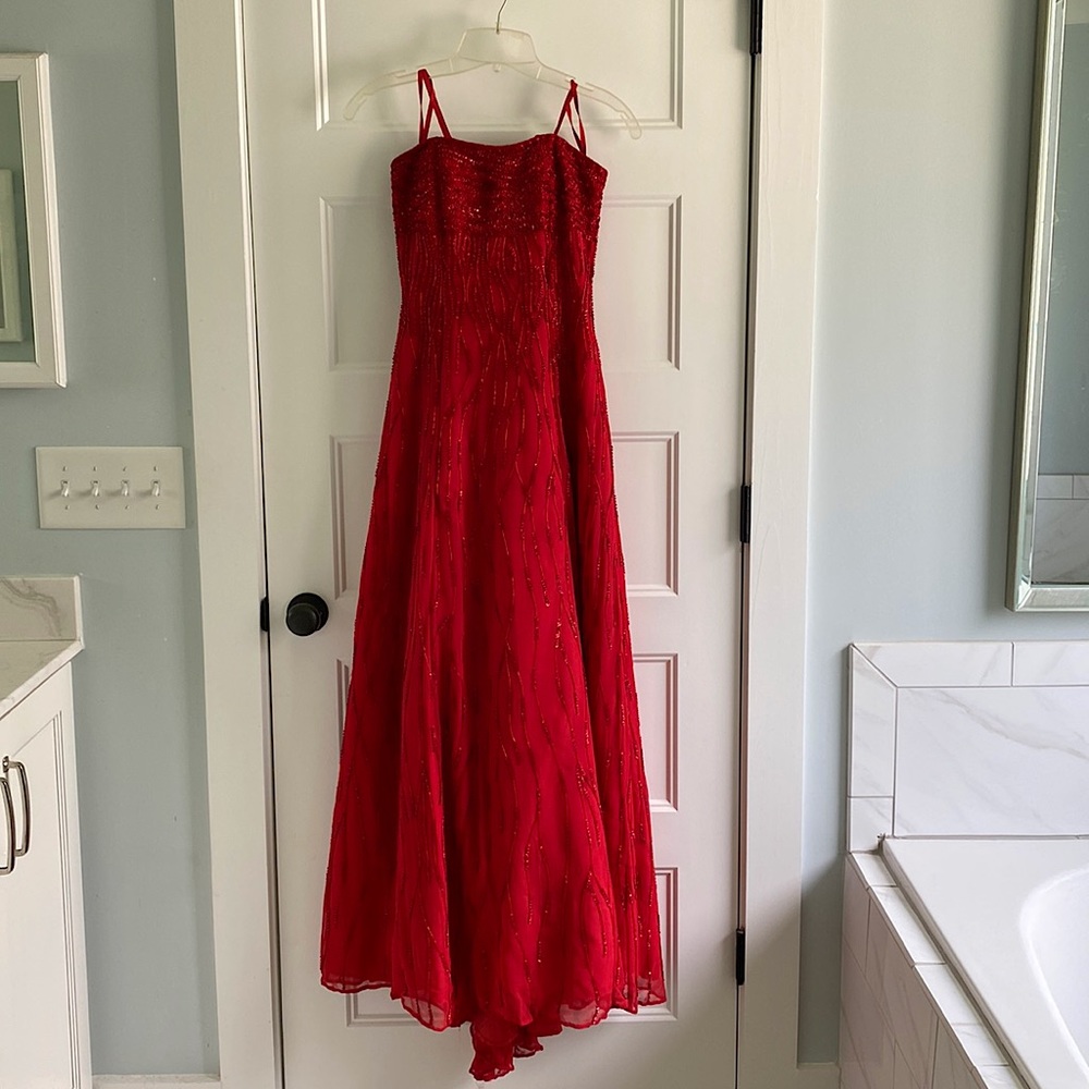 Strapless red beaded formal prom dress